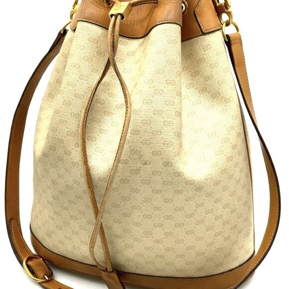 Auth Gucci GG PVC Beige 001.084.4973 Drawstring Bucket Shoulder Bag - Picture 1 of 16